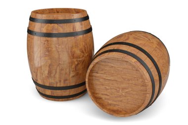 3d resimde iki ahşap varil beyaz arka plan üzerinde izole. Şarap, konyak, ROM, brandy gibi ahşap varil içinde alkollü içki.