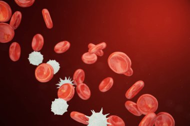 Red and white blood cells releasing neutrophils, eosinophils, basophils, lymphocytes, are the cells of the immune system. 3D illustration clipart