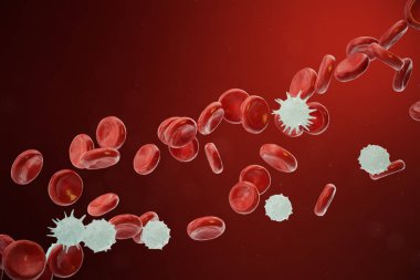 Red and white blood cells releasing neutrophils, eosinophils, basophils, lymphocytes, are the cells of the immune system. 3D illustration clipart