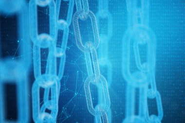 3D çizim dijital bloğu zinciri kodu. Mavi nokta ağ, arka plan parlayan üçgen düşük poligon kılavuz. Ağ, Internet iletişim kavramı