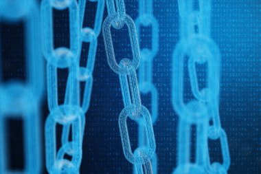 3D çizim dijital bloğu zinciri kodu. Mavi nokta ağ, arka plan parlayan üçgen düşük poligon kılavuz. Ağ, Internet iletişim kavramı