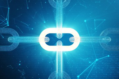 3D çizim dijital bloğu zinciri kodu. Mavi nokta ağ, arka plan parlayan üçgen düşük poligon kılavuz. Ağ, Internet iletişim kavramı