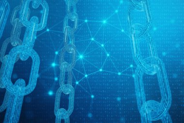 3D çizim dijital bloğu zinciri kodu. Mavi nokta ağ, arka plan parlayan üçgen düşük poligon kılavuz. Ağ, Internet iletişim kavramı