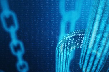 3D çizim dijital bloğu zinciri kodu. Mavi nokta ağ, arka plan parlayan üçgen düşük poligon kılavuz. Ağ, Internet iletişim kavramı