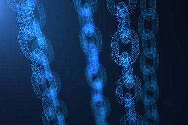 Blok zinciri kavramı, dijital bloğu zinciri teknoloji. Cryptocurrency, dijital kod kavramı. Mavi nokta ağ, arka plan parlayan üçgen düşük poligon kılavuz. 3D çizim