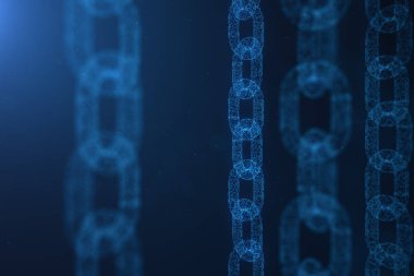 Blok zinciri kavramı, dijital bloğu zinciri teknoloji. Cryptocurrency, dijital kod kavramı. Mavi nokta ağ, arka plan parlayan üçgen düşük poligon kılavuz. 3D çizim
