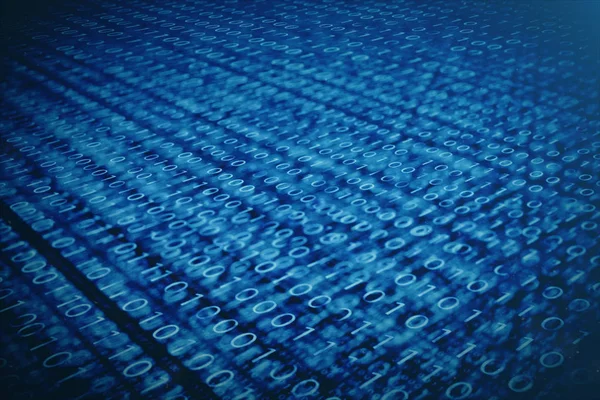 파란색 배경에 3d 그림 이진 코드입니다. 이진 코드의 바이트입니다. 개념 기술입니다. 디지털 이진 배경. — 스톡 사진