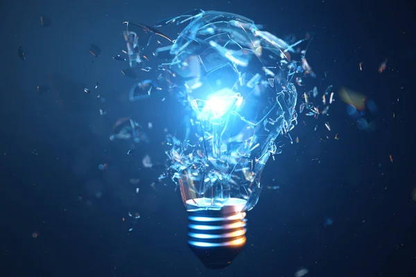 Ilustración 3D Bombilla explosiva sobre fondo azul, con concepto de pensamiento creativo y soluciones innovadoras . — Foto de Stock