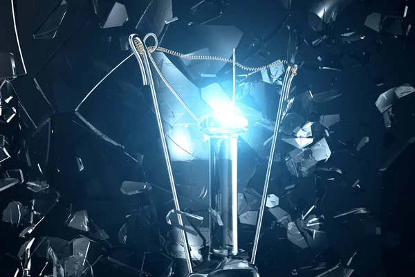 Illustration 3D Ampoule explosive sur fond bleu, avec concept de pensée créative et solutions innovantes . — Photo