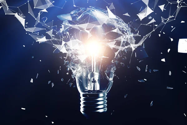 Illustrazione 3D lampadina esplosiva su sfondo blu, concetto di pensiero creativo e soluzioni innovative. Linee di connessione di rete e punti. Idea innovativa . — Foto Stock