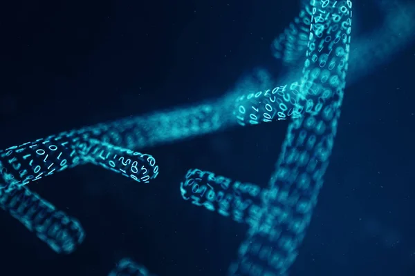 Digitala Dna-molekyl, struktur. Begreppet binär kod mänskliga genomet. DNA-molekylen med modifierade gener. 3D illustration — Stockfoto