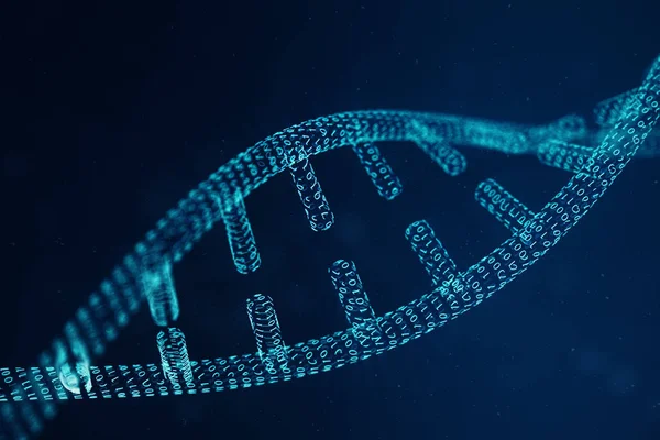 디지털 Dna 분자, 구조 개념 이진 코드 인간 게놈 수정 된 유전자는 Dna 분자 3 차원 일러스트 레이 션 — 스톡 사진