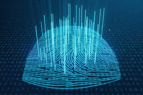 3D-s illusztráció ujjlenyomatos biztonsági hozzáférést a biometrikus azonosítás. Koncepció ujjlenyomat védelem. Ujj nyomtatás bináris kóddal. A digitális biztonság fogalma — Stock Fotó