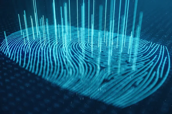 3D-Abbildung Fingerabdruck-Scan bietet Sicherheitszugriff mit biometrischer Identifikation. Konzept Fingerabdruckschutz. Fingerabdruck mit Binärcode. Konzept der digitalen Sicherheit — Stockfoto