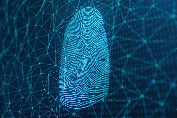 Illustrazione 3D La scansione delle impronte digitali fornisce accesso alla sicurezza con identificazione biometrica. Concetto Protezione delle impronte digitali. Impronta digitale con codice binario. Concetto di sicurezza digitale — Foto Stock