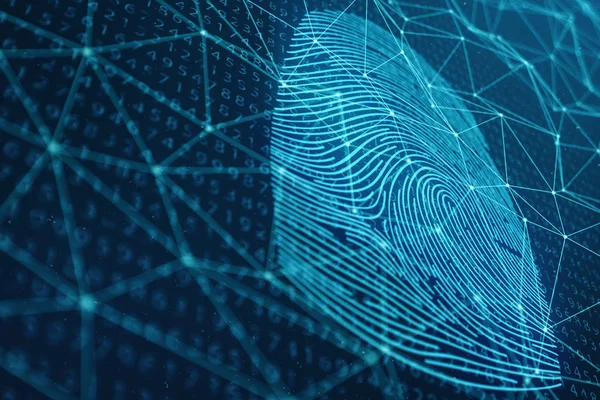 3D ілюстрація Сканування відбитків пальців забезпечує доступ до безпеки з ідентифікацією біометрії. Концепція Захист відбитків пальців. Друк пальця з двійковим кодом. Концепція цифрової безпеки — стокове фото
