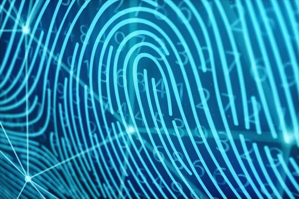 Ilustración 3D El escaneo de huellas dactilares proporciona acceso de seguridad con identificación biométrica. Concepto Protección de huellas dactilares. Impresión de dedo con código binario. Concepto de seguridad digital —  Fotos de Stock