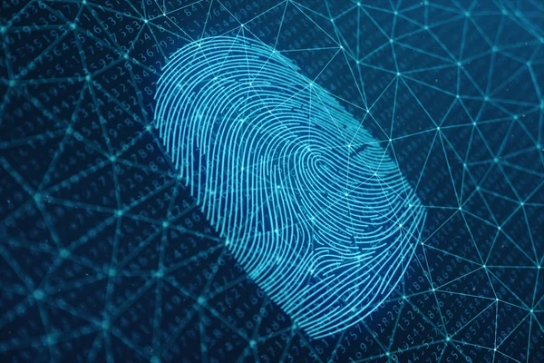 3D illustratie vingerafdruk scan beschikt u beveiliging met biometrische identificatie. De bescherming van de vingerafdruk van de concept. Vingerafdruk met binaire code. Concept van digitale veiligheid — Stockfoto