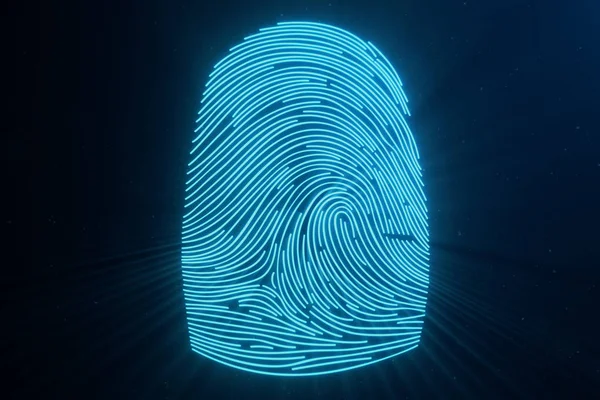 3D illustration Fingerprint scan ger åtkomst med biometri identifiering. Begreppet Fingerprint skydd. Böjda fingeravtryck. Begreppet digital säkerhet — Stockfoto