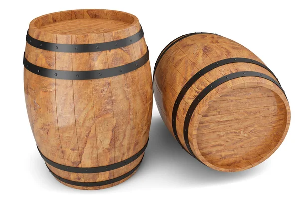 3D Illustration two wooden barrels isolated on white background. Alcoholic drink in wooden barrels, such as wine, cognac, rum, brandy. — Stock Photo, Image