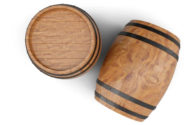 3D Illustration zwei Holzfässer isoliert auf weißem Hintergrund. Alkoholisches Getränk in Holzfässern, wie Wein, Cognac, Rum, Brandy. — Stockfoto