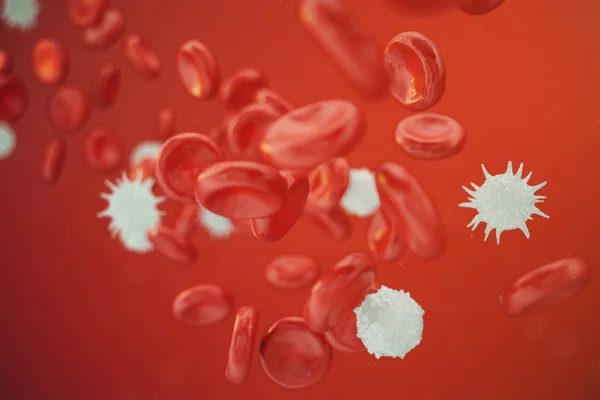 Los glóbulos rojos, leucocitos o glóbulos blancos, son las células del sistema inmunitario, la infección. Concepto médico de humano. Ilustración 3D . —  Fotos de Stock