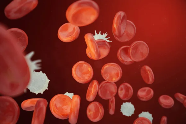 Los glóbulos rojos y blancos que liberan neutrófilos, eosinófilos, basófilos, linfocitos, son las células del sistema inmunitario. Ilustración 3D — Foto de Stock