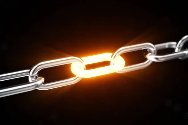 The metal chain is connected with the red-hot link, power concept. 3d illustration — Stock Photo, Image