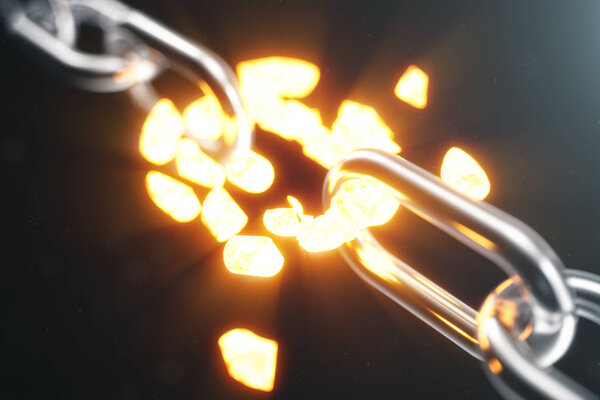 Металлическая цепь отключена от раскаленного красного звена, слабое звено. 3d иллюстрация
