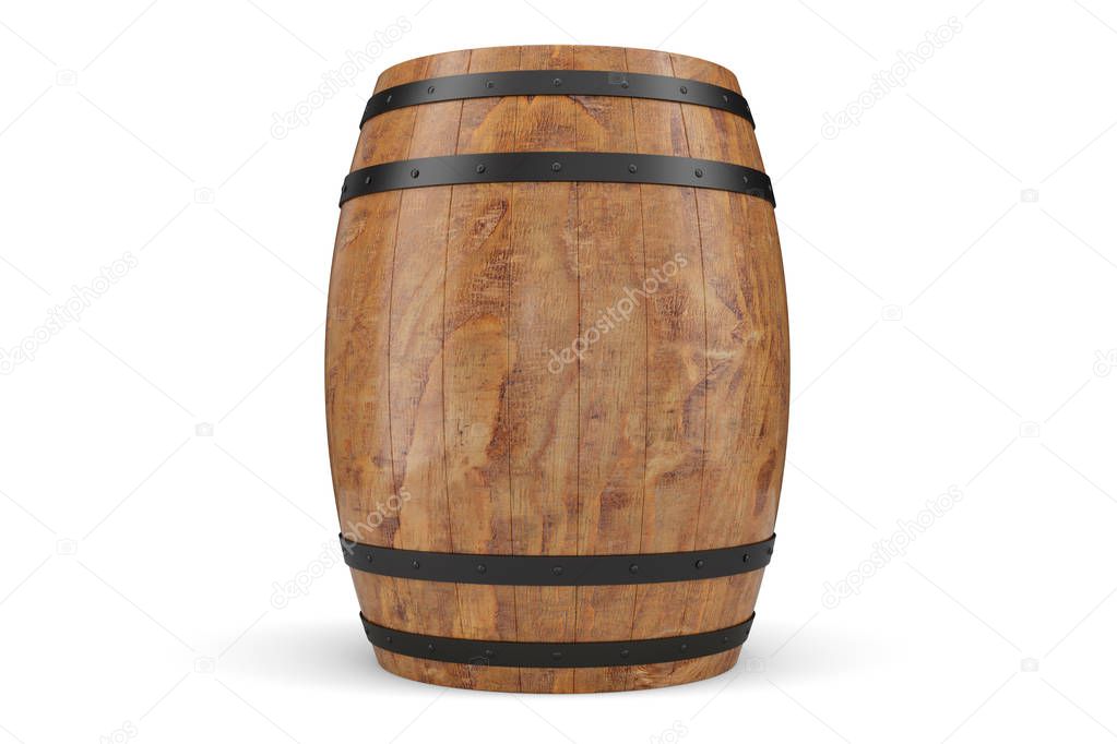 3D Illustration wooden barrels front view, wine isolated on white background. Alcoholic drink in wooden barrels, such as wine, cognac, rum, brandy.