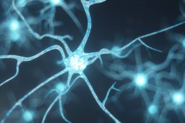 Nöron hücreleri parlayan bağlantı deniz mili ile kavramsal çizimi. SYNAPSE ve Elektrik kimyasal sinyal göndererek nöron hücreleri. Nöron enterkonnekte nöronların elektrik darbeleri, 3d çizim ile
