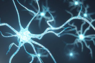 Nöron hücreleri parlayan bağlantı deniz mili ile kavramsal çizimi. SYNAPSE ve Elektrik kimyasal sinyal göndererek nöron hücreleri. Nöron enterkonnekte nöronların elektrik darbeleri, 3d çizim ile