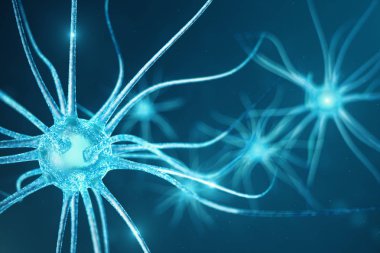Nöron hücreleri parlayan bağlantı deniz mili ile kavramsal çizimi. SYNAPSE ve Elektrik kimyasal sinyal göndererek nöron hücreleri. Nöron enterkonnekte nöronların elektrik darbeleri, 3d çizim ile
