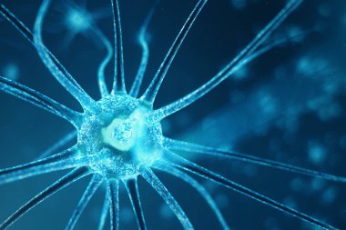 Nöron hücreleri parlayan bağlantı deniz mili ile kavramsal çizimi. Odak etkisi ile beyin üzerine nöronlarda. SYNAPSE ve Elektrik kimyasal sinyal göndererek nöron hücreleri. 3D çizim