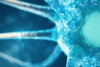 Nöron hücreleri parlayan bağlantı deniz mili ile kavramsal çizimi. Odak etkisi ile beyin üzerine nöronlarda. SYNAPSE ve Elektrik kimyasal sinyal göndererek nöron hücreleri. 3D çizim