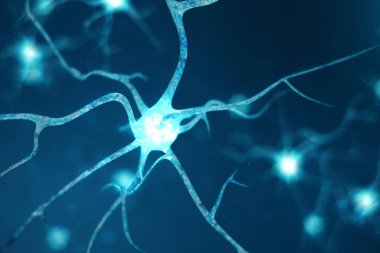 Nöron hücreleri parlayan bağlantı deniz mili ile kavramsal çizimi. Odak etkisi ile beyin üzerine nöronlarda. SYNAPSE ve Elektrik kimyasal sinyal göndererek nöron hücreleri. 3D çizim