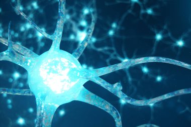 Nöron hücreleri parlayan bağlantı deniz mili ile kavramsal çizimi. Odak etkisi ile beyin üzerine nöronlarda. SYNAPSE ve Elektrik kimyasal sinyal göndererek nöron hücreleri. 3D çizim