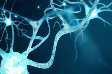 Nöron hücreleri parlayan bağlantı deniz mili ile kavramsal çizimi. Odak etkisi ile beyin üzerine nöronlarda. SYNAPSE ve Elektrik kimyasal sinyal göndererek nöron hücreleri. 3D çizim