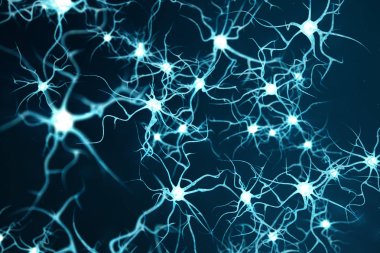 Nöron hücreleri parlayan bağlantı deniz mili ile kavramsal çizimi. Odak etkisi ile beyin üzerine nöronlarda. SYNAPSE ve Elektrik kimyasal sinyal göndererek nöron hücreleri. 3D çizim