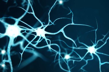 Nöron hücreleri parlayan bağlantı deniz mili ile kavramsal çizimi. Odak etkisi ile beyin üzerine nöronlarda. SYNAPSE ve Elektrik kimyasal sinyal göndererek nöron hücreleri. 3D çizim