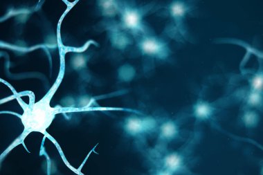 Nöron hücreleri parlayan bağlantı deniz mili ile kavramsal çizimi. Odak etkisi ile beyin üzerine nöronlarda. SYNAPSE ve Elektrik kimyasal sinyal göndererek nöron hücreleri. 3D çizim