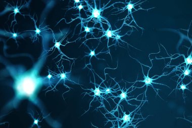 Nöron hücreleri parlayan bağlantı deniz mili ile kavramsal çizimi. Odak etkisi ile beyin üzerine nöronlarda. SYNAPSE ve Elektrik kimyasal sinyal göndererek nöron hücreleri. 3D çizim