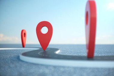 Yol yol konum Infographic PIN işaretçilerle. Kırmızı işaretçilerle yol yol. Bulutlu mavi gökyüzü arka plan yol gidiyor. 3D çizim