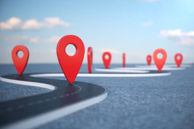 Yol yol konum Infographic PIN işaretçilerle. Kırmızı işaretçilerle yol yol. Bulutlu mavi gökyüzü arka plan yol gidiyor. 3D çizim