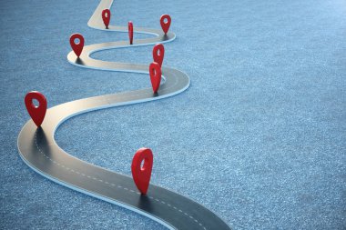 Yol yol konum Infographic PIN işaretçilerle. Kırmızı işaretçilerle yol yol. 3D çizim