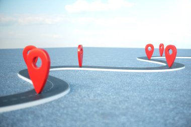 Yol yol konum Infographic PIN işaretçilerle. Kırmızı işaretçilerle yol yol. Bulutlu mavi gökyüzü arka plan yol gidiyor. 3D çizim
