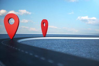 Yol yol konum Infographic PIN işaretçilerle. Kırmızı işaretçilerle yol yol. Bulutlu mavi gökyüzü arka plan yol gidiyor. 3D çizim