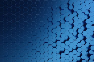 3D illüstrasyon soyut koyu mavi fütüristik yüzey altıgen desen. Mavi geometrik altıgen arka plan.
