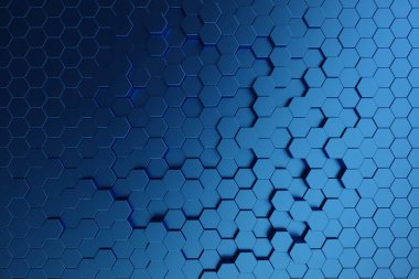 3D illüstrasyon soyut koyu mavi fütüristik yüzey altıgen desen. Mavi geometrik altıgen arka plan.