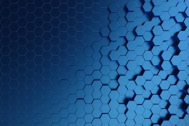3D illüstrasyon soyut koyu mavi fütüristik yüzey altıgen desen. Mavi geometrik altıgen arka plan.